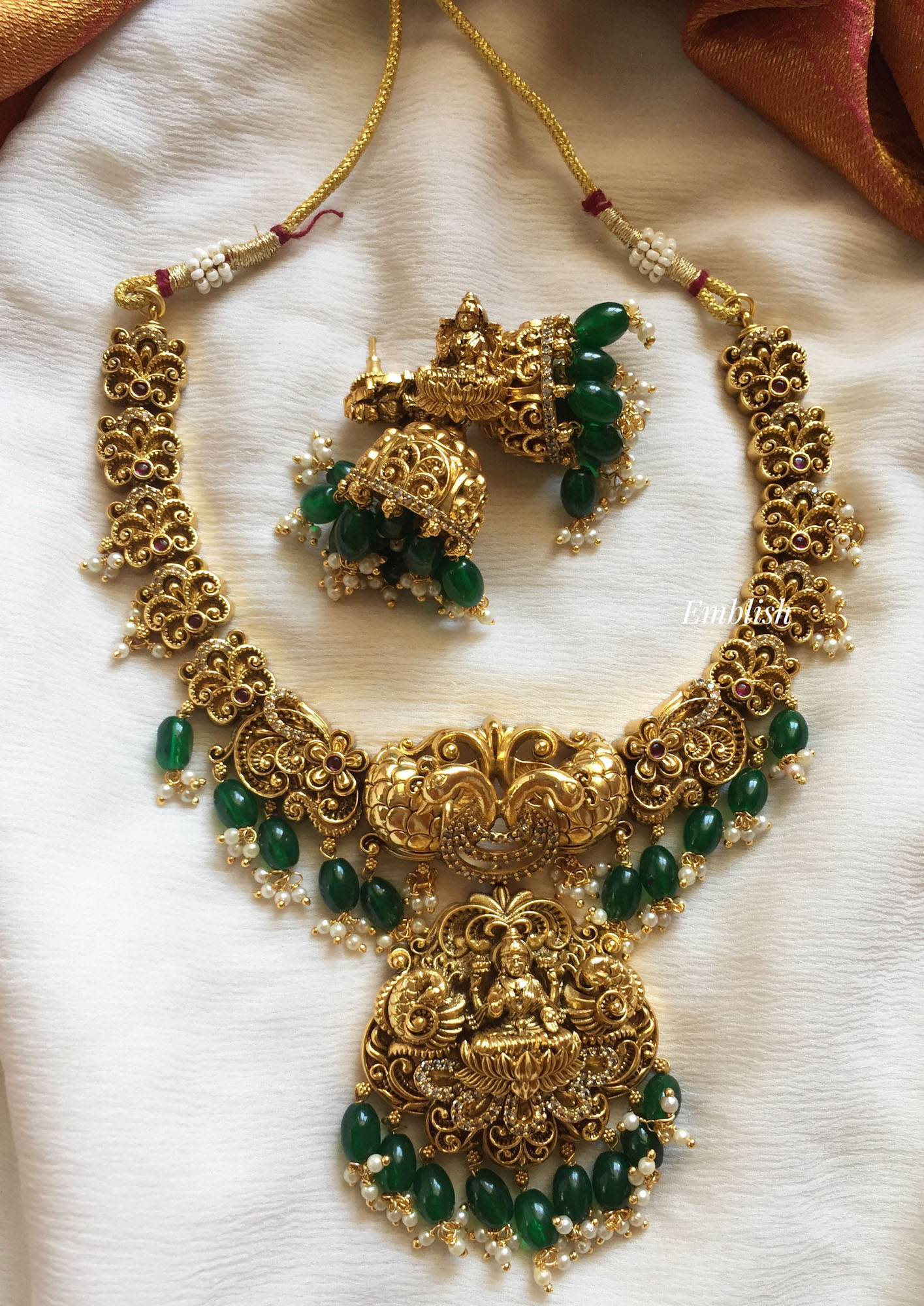 Antique 3D Lakshmi with Double Peacock Short Neckpiece - Green Beads